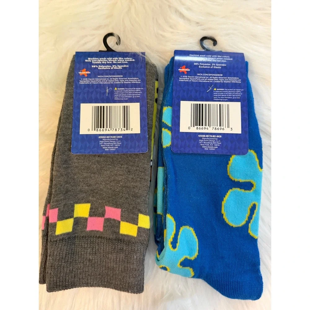 SpongeBob SquarePants Crew Socks 2 Pair Set Grey Blue Mens Size 6.5-12 New